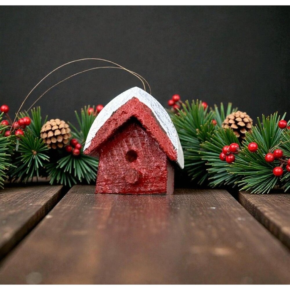 Miniature Red Wooden Birdhouse Christmas Ornament Vintage Hand Painted Rustic